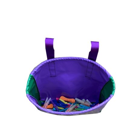 PVC peg bag in use with pegs inside, practical laundry storage accessory with Velcro handles and solid rim.