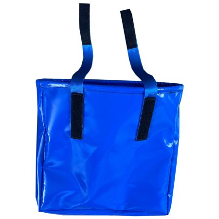 PVC peg bag in use with pegs inside, practical laundry storage accessory with Velcro handles and solid rim.