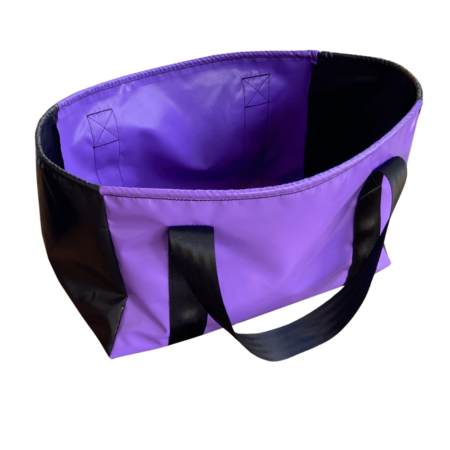 Large durable shopping bag with reinforced stitching and seatbelt webbing handles, ideal for retail, groceries, or everyday carrying.