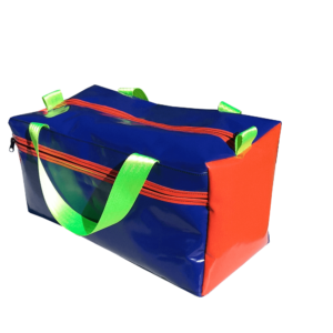 Small PVC vinyl gear bag with side pocket, reinforced handles, and heavy-duty zip, ideal for travel, camping, or sports gear storage.