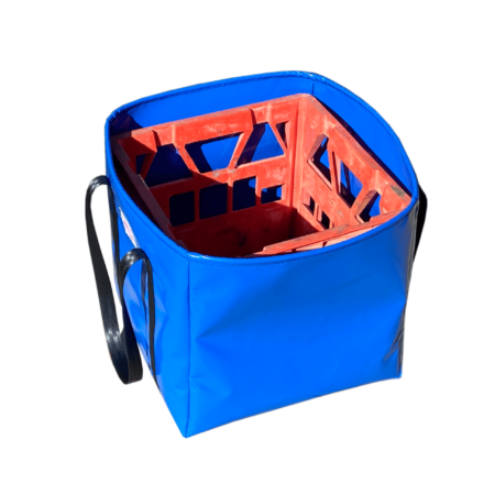 Stylish blue gear bag with black straps, tough PVC construction, perfect for camping, sports, or weekend trips.