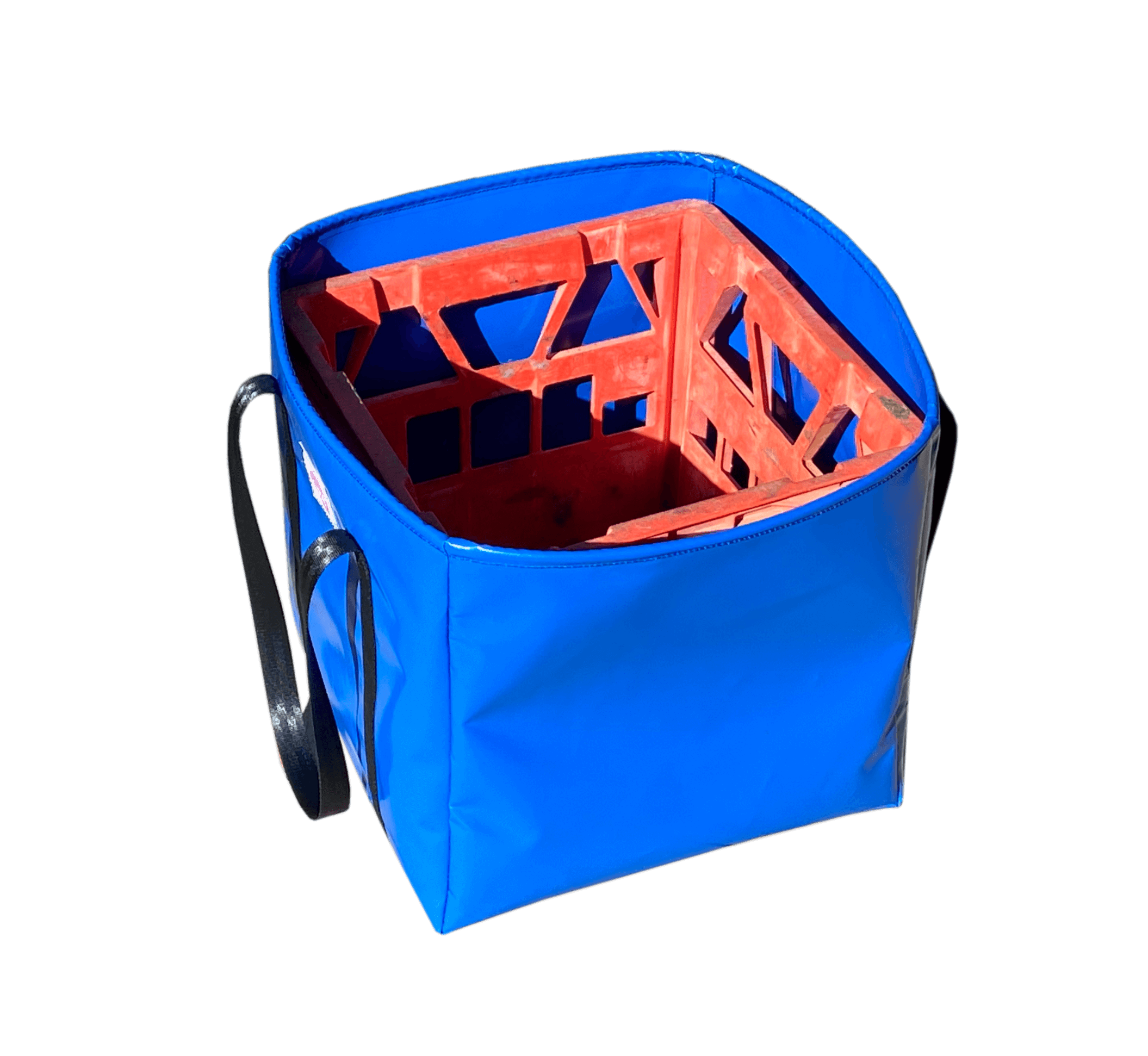 Stylish blue gear bag with black straps, tough PVC construction, perfect for camping, sports, or weekend trips.
