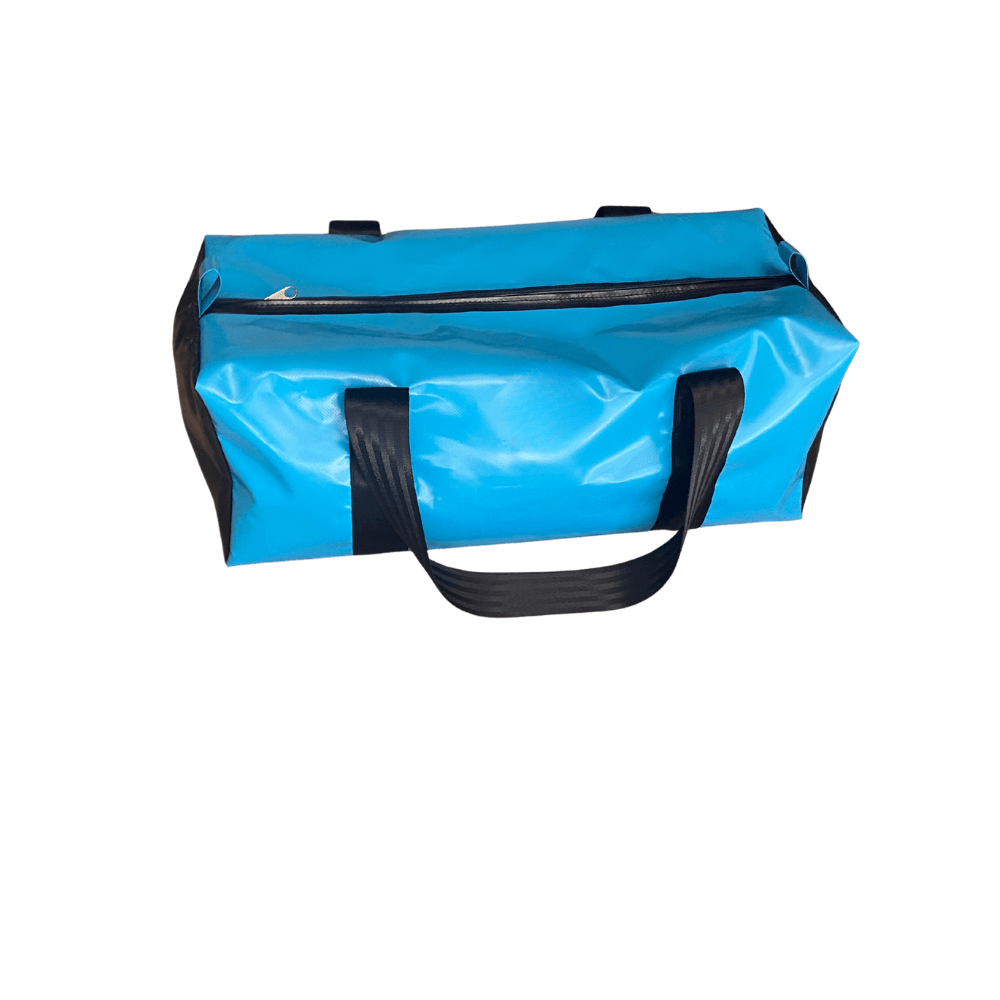 Overnight gear bag made from durable water-resistant PVC vinyl with heavy-duty zips and reinforced seatbelt webbing handles – perfect for travel or sports gear.