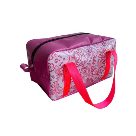 Patterned Dust & Iron PVC toiletry bag with reinforced webbing handles – cosmetic and skincare storage for caravans, camping, or home use.