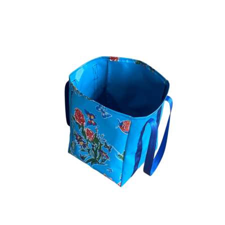 Stylish patterned tote bag, Sky blue and butterfly pattern, compact and lightweight for reusable shopping.