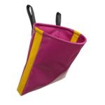 Pink and yellow PVC gear bag with reinforced seatbelt webbing handles, durable, water-resistant, and perfect for travel, camping, or everyday use.