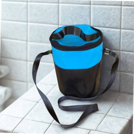 Blue and black PVC shower mate bag with shoulder strap.