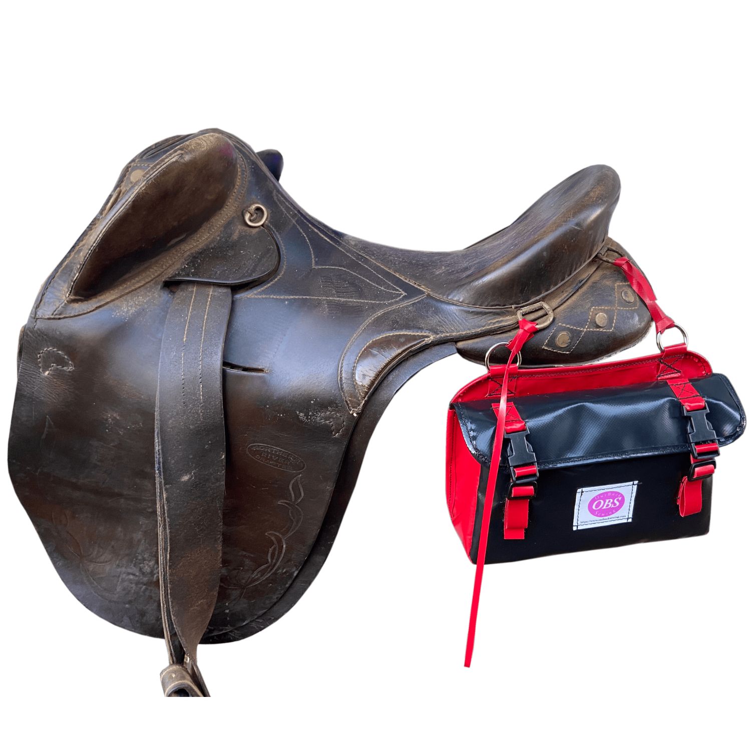 “Equestrian saddle bag attached to horse saddle – durable trail riding gear bag”