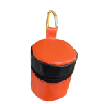 Swinging toilet roll bag — Dust & Iron PVC model — shown hanging for quick access, protects roll from dust and rain.