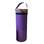Purple triple toilet roll holder bag with a bright multicoloured floral trim and carry handle, standing upright on a white background.