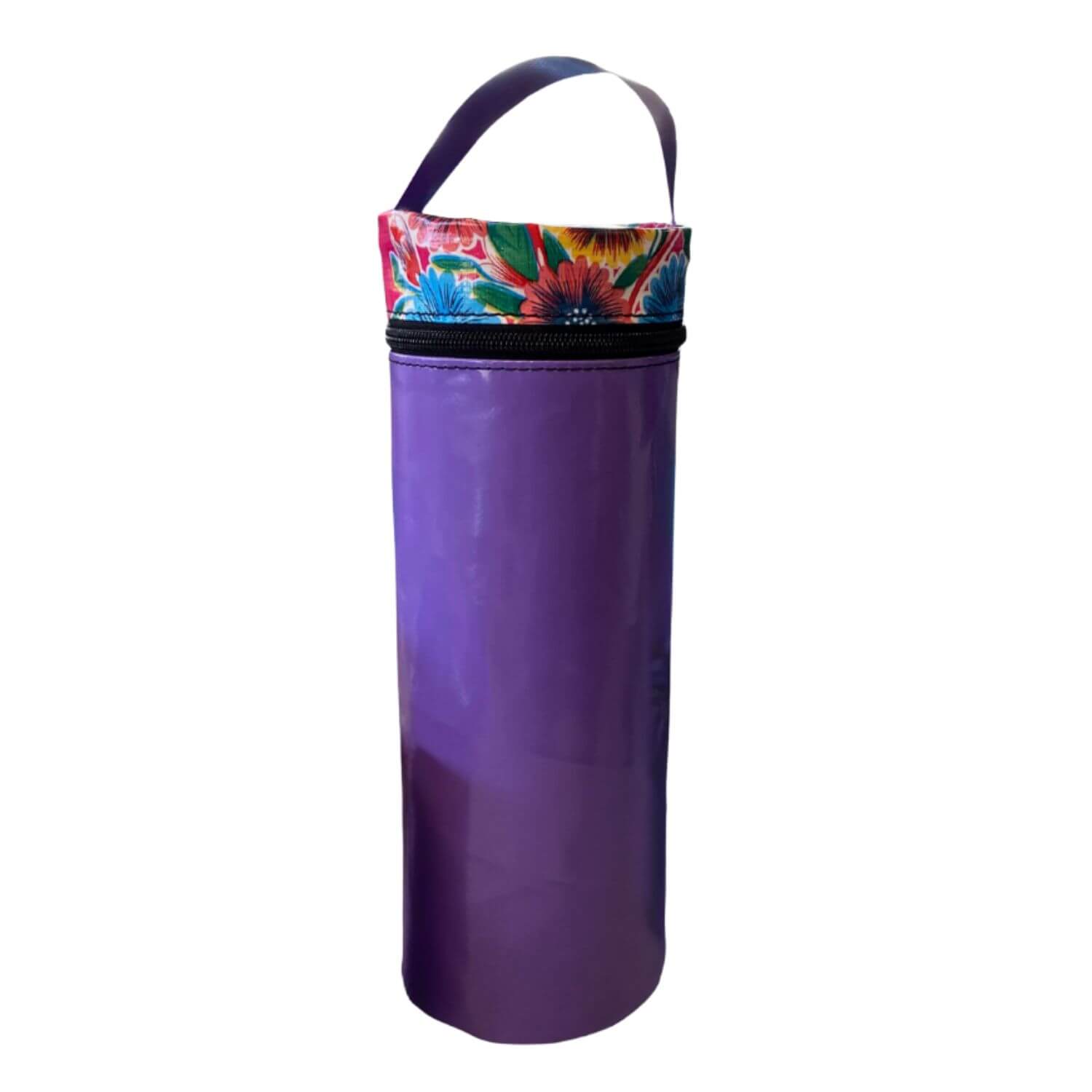 Purple triple toilet roll holder bag with a bright multicoloured floral trim and carry handle, standing upright on a white background.