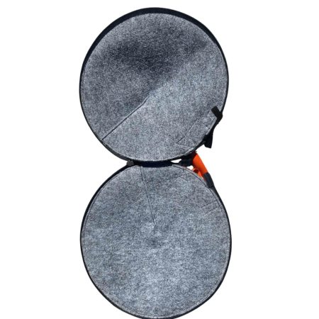 Grey felt shearing grinder disc bag opened flat with two circular padded compartments