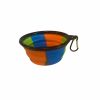 Colourful foldable silicone small pet bowl shown flat with attached clip