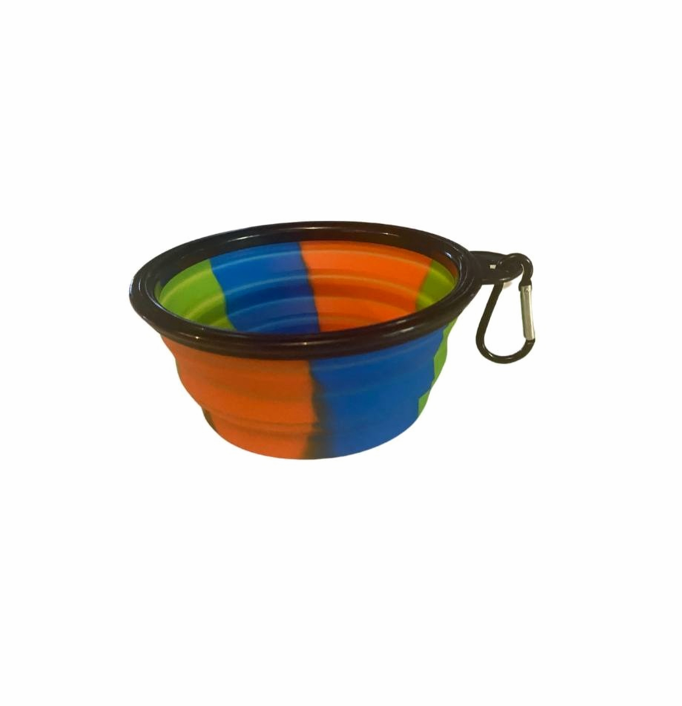 Colourful foldable silicone small pet bowl shown flat with attached clip