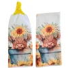 Highland cow sunflower hand towel set with hanging crochet top towel and matching printed towel.