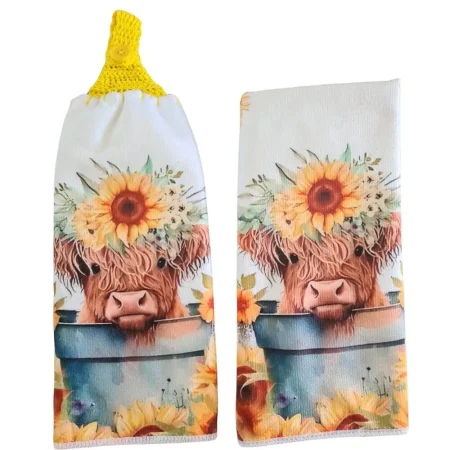 Highland cow sunflower hand towel set with hanging crochet top towel and matching printed towel.