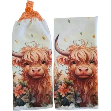 Highland cow orange floral hand towel set with hanging crochet top towel and matching printed towel.
