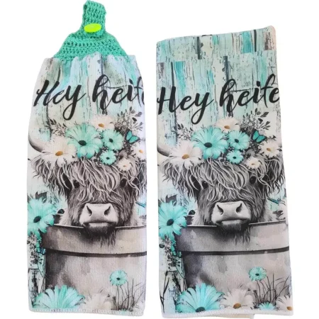 Hey Heifer blue Highland Cow hand towel set with turquoise crochet top and matching floral printed towel.