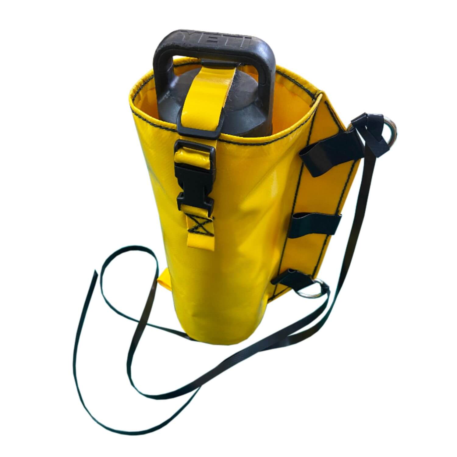 Yellow PVC water bottle holder with adjustable straps and a top buckle securing a large water bottle inside, photographed on a white background.